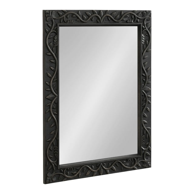 Kate and Laurel Natesa Traditional Rectangle Carved Wood Mirror, 24 x 32, Distressed Black, Light Wooden Rectangular Mirror with Carved Detailing for Use as Bathroom Mirror for Vanity