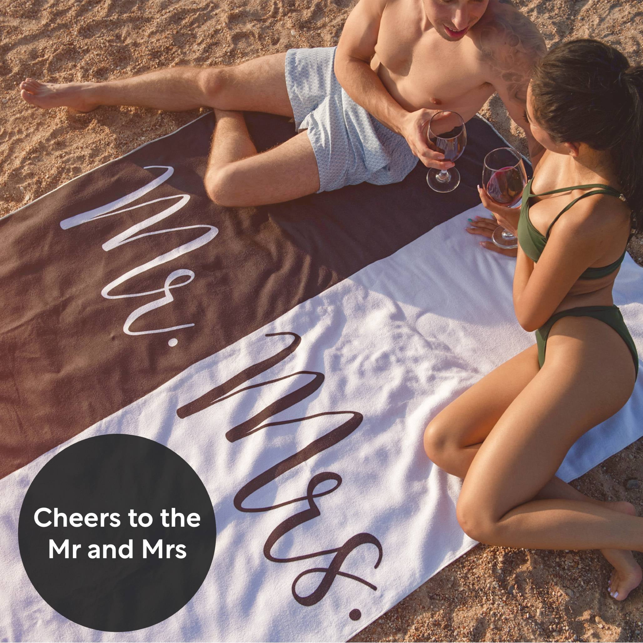 Ethisa Mr and Mrs Beach Towel - Honeymoon Just Married Towel For Beach - Wedding Gift for Newlywed Couple - Shareable Bride and Groom Towel Set - Thin Travel Friendly His and Her Beach Towel - 78"x59"