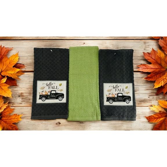 Serafina Home Farmhouse Fall Decor Kitchen Dish Towels Set: Two (2) Printed Terry Towels with Vintage Black Farm Truck (Hello Fall Velour)