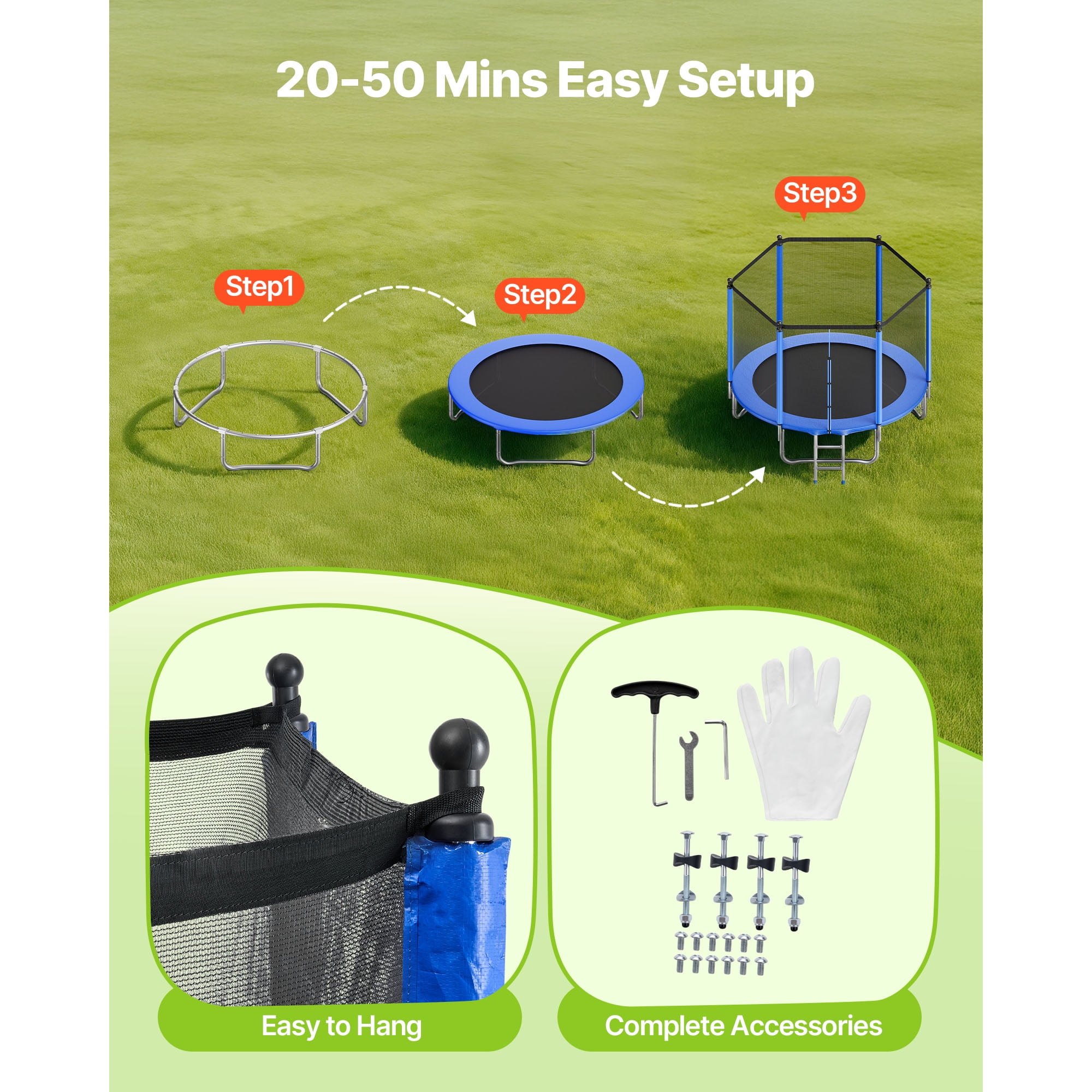 KFFKFF 8FT Outdoor Trampoline with Safety Enclosure, ASTM Certified, Durable Frame, 265 lbs Capacity, Rust-Resistant Design for Backyard Fun for Kids and Adults