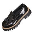 thumbnail image 2 of Women's Wide Width Patent Leather Platform Loafers, Retro Tassel Accent Chunky Sole Shoes, British Style Casual Dress Shoes for Spring & Fall, Black, 2 of 8