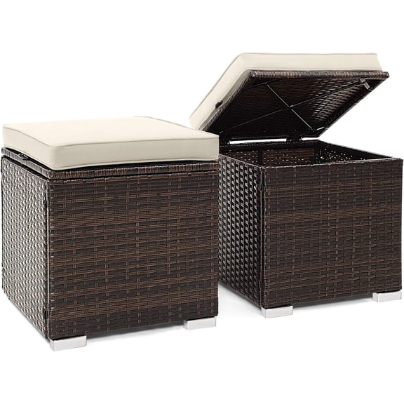 WLTER 2 Pieces Patio Ottomans, Patiojoy Hand-Woven PE Rattan Side Table with Removable Cushion & Hidden Storage Space, Multifunctional Storage Box, Seat for Patio, Backyard, Poolside (Off White)