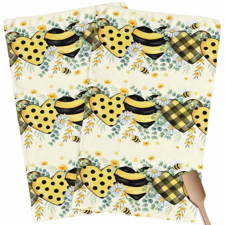 Kitchen Towels Set of 2 Bee Love Heart Dish Towels and Dishcloths Sets Tea Towel Daisy Flower Eucalyptus Leaves Absorbent Hand Towels for Kitchen Bathroom Drying Cleaning Baking Home Decor