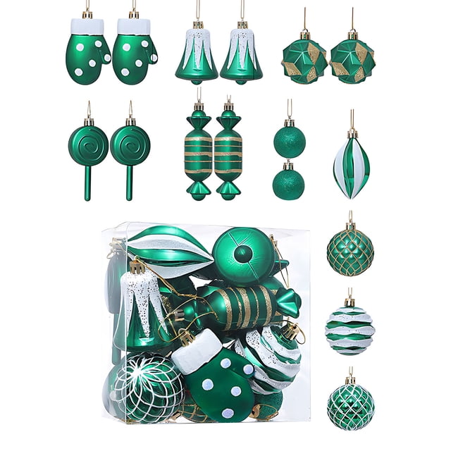 TopLLC 16 Pcs Christmas Tree Hanging Ornaments Set, Pre-Tied Shatterproof Plastic Assorted Baubles with Rope, Glitter Xmas Tree Decorative Pendants Christmas Decorations for Party Holiday Wedding