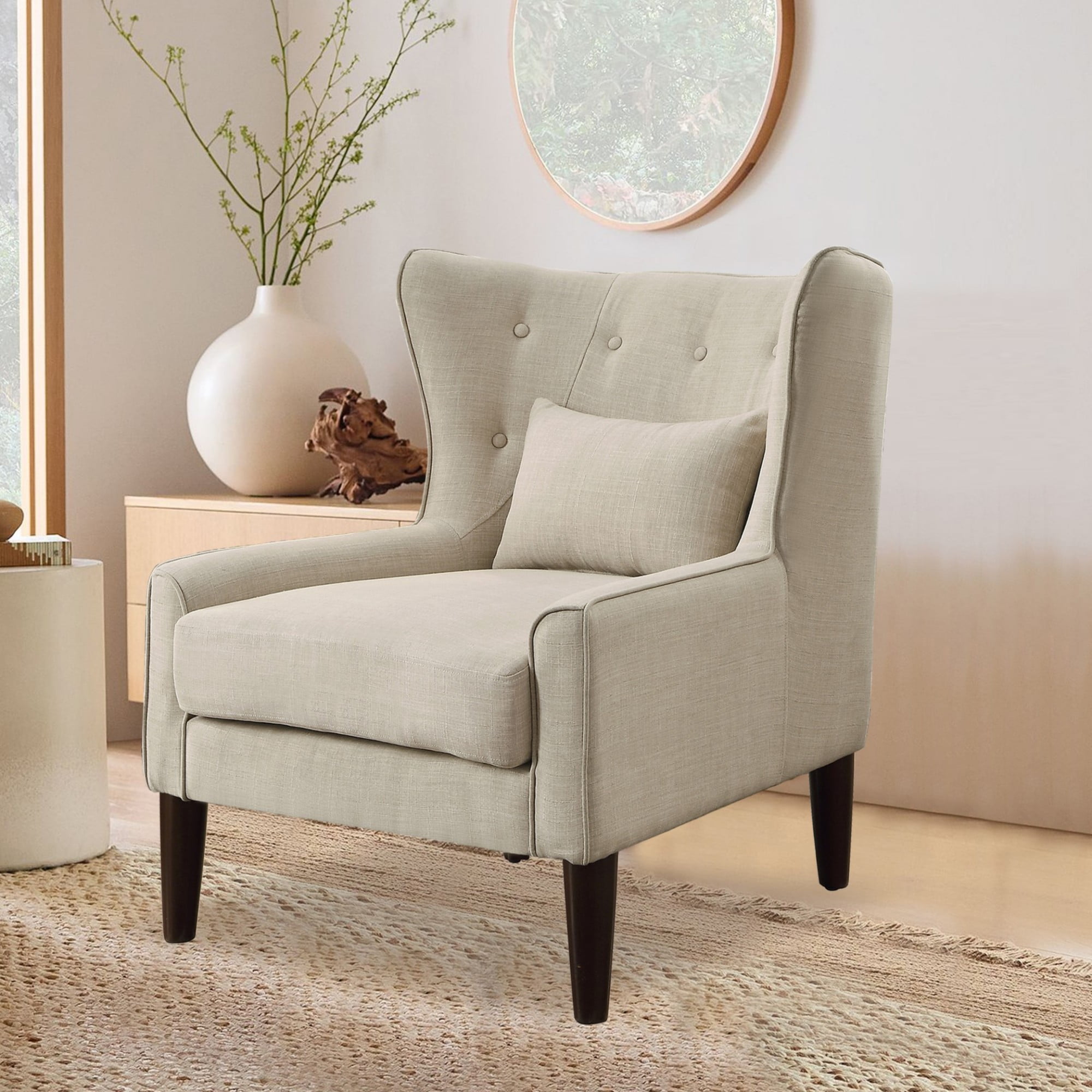 Gewnee Beige 32" Accent Chair - Solid Rubberwood Legs, Linen Fabric with Back Cushion, Suitable for Living Room & Balcony