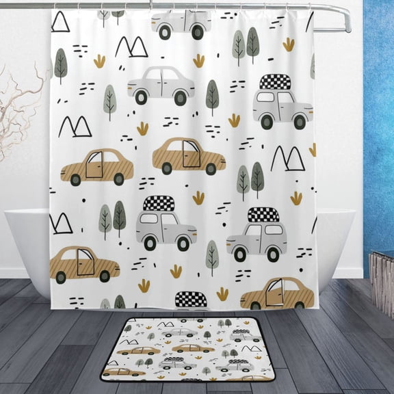 TTYFWHD 60" x 72" Shower Curtain and Bath Mat Set Brown Car Waterproof Bathroom Curtain with 12 Hooks, Bathroom Decor Set