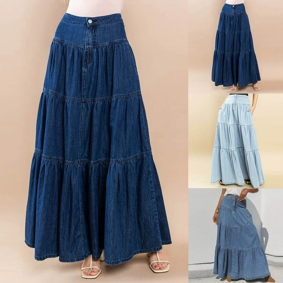 QATAINLAV Womens Denim Maxi Skirts Solid Color Ruffled Hem High Waist A Line Jean Skirt Casual Loose Flowy Tiered Long Skirt, Blue, L, Mother's Day Gifts