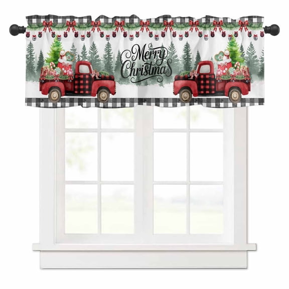 Christmas Trucks Valances for Windows Xmas Car with Gifts Plaid Retro Tree Forest Rod Pocket Curtain Valance Window Treatment Short Curtains for Kitchen Living Room, 60"x14"