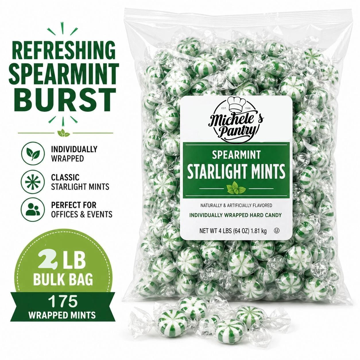 Michele’s Pantry Spearmint Starlight Mints Hard Candy, 4 lb Bulk Bag, Individually Wrapped Refreshing Mint Candy