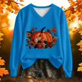 thumbnail image 2 of Womens Plus Size Halloween Sweatshirts Trendy Pumpkin Floral Printed Long Sleeve Graphic Tops Fall Loose Fit V Neck Tshirts Pullovers Blue XL, 2 of 3