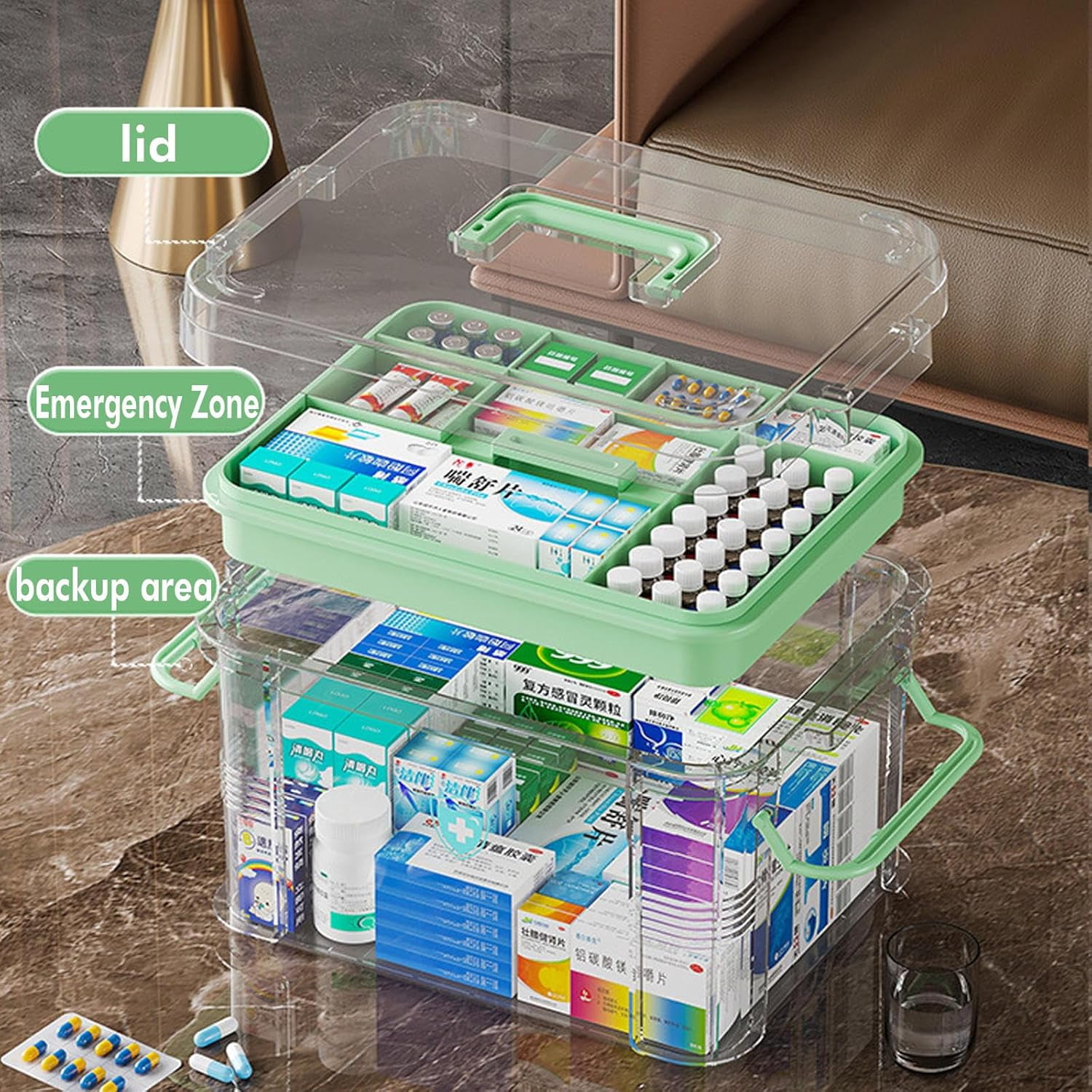 Capacity Medicine Storage Box, Transparent Double Layer Pill Organizer, PP+PET Medication Container for Home Travel(wwx)