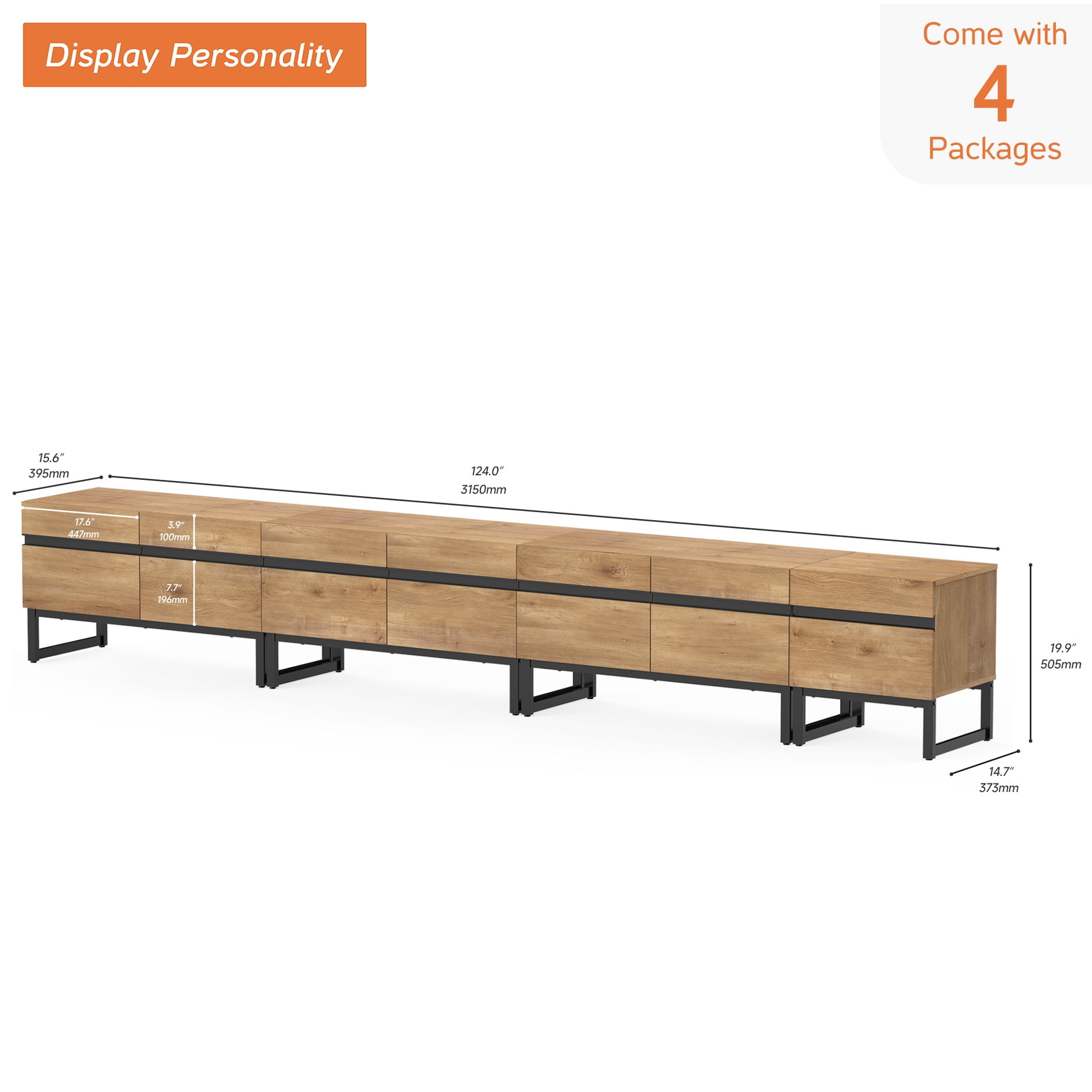 WAMPAT Modern TV Stand for 110 inch TVs, 4 in 1 Entertainment Center with Storage Cabinets and Metal Base, Living Room Media Console, Oak, 124''