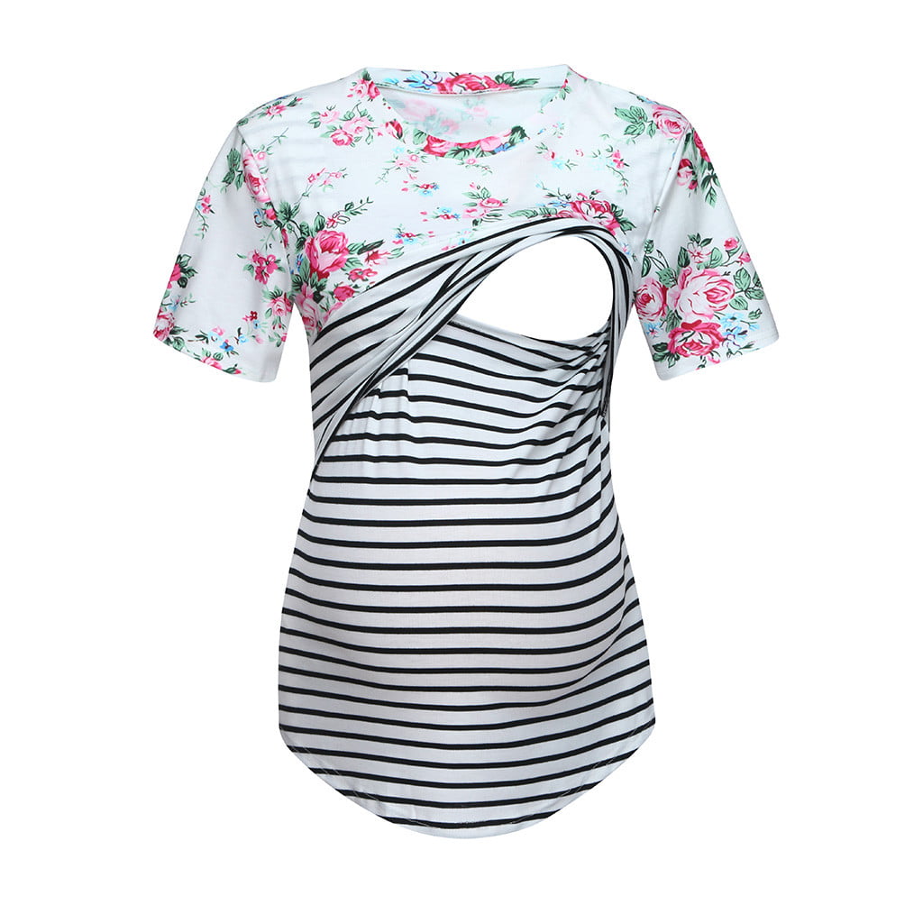 Women Mom Maternity Short Sleeve Top Stripe Patchwork Nursing T Shirt Blouse Tee 