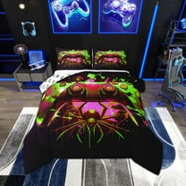 Gaming Queen Comforter Set - Gamer Comforter Queen Size Bedding Set, Gothic Giant Spider Green Yellow Purple Gamer Room Decor