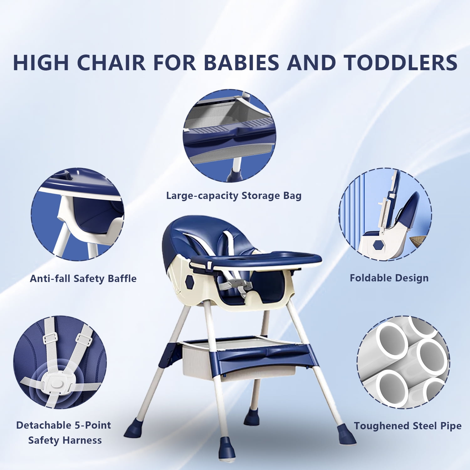 YUCHANG Foldable  4-in-1 Baby High Chair with Wheels for Infants & Toddlers (0-4 Years) Height Adjustable ,with 5-point Safety Belt(Blue)