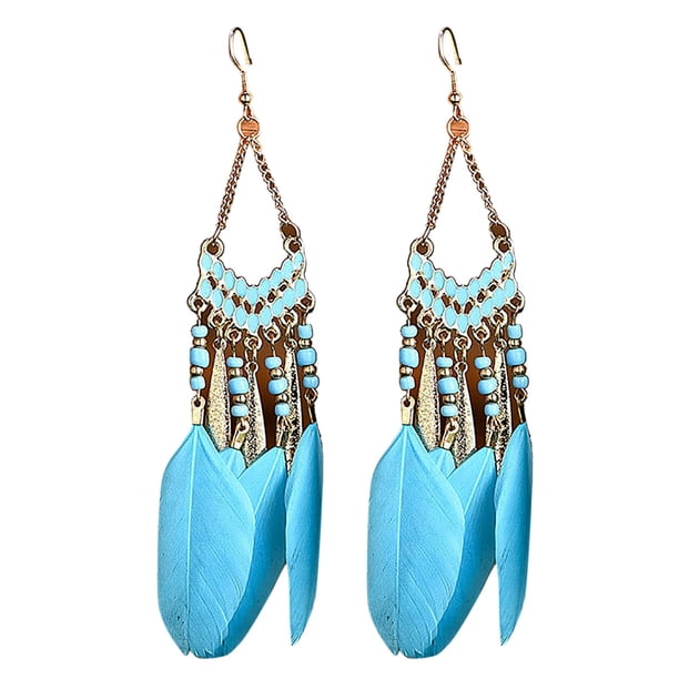 Mujeres Boho largo de plumas de borlas pendientes de joyería de la vendimia de perlas cuelgan pendientes colgantes