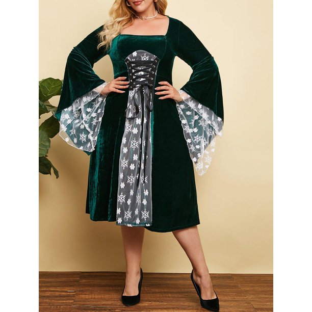 Talla grande Terciopelo de navidad Copo de nieve Floral Encaje-up vestido de manga de campana Rosegal vestidos vintage tallas grandes
