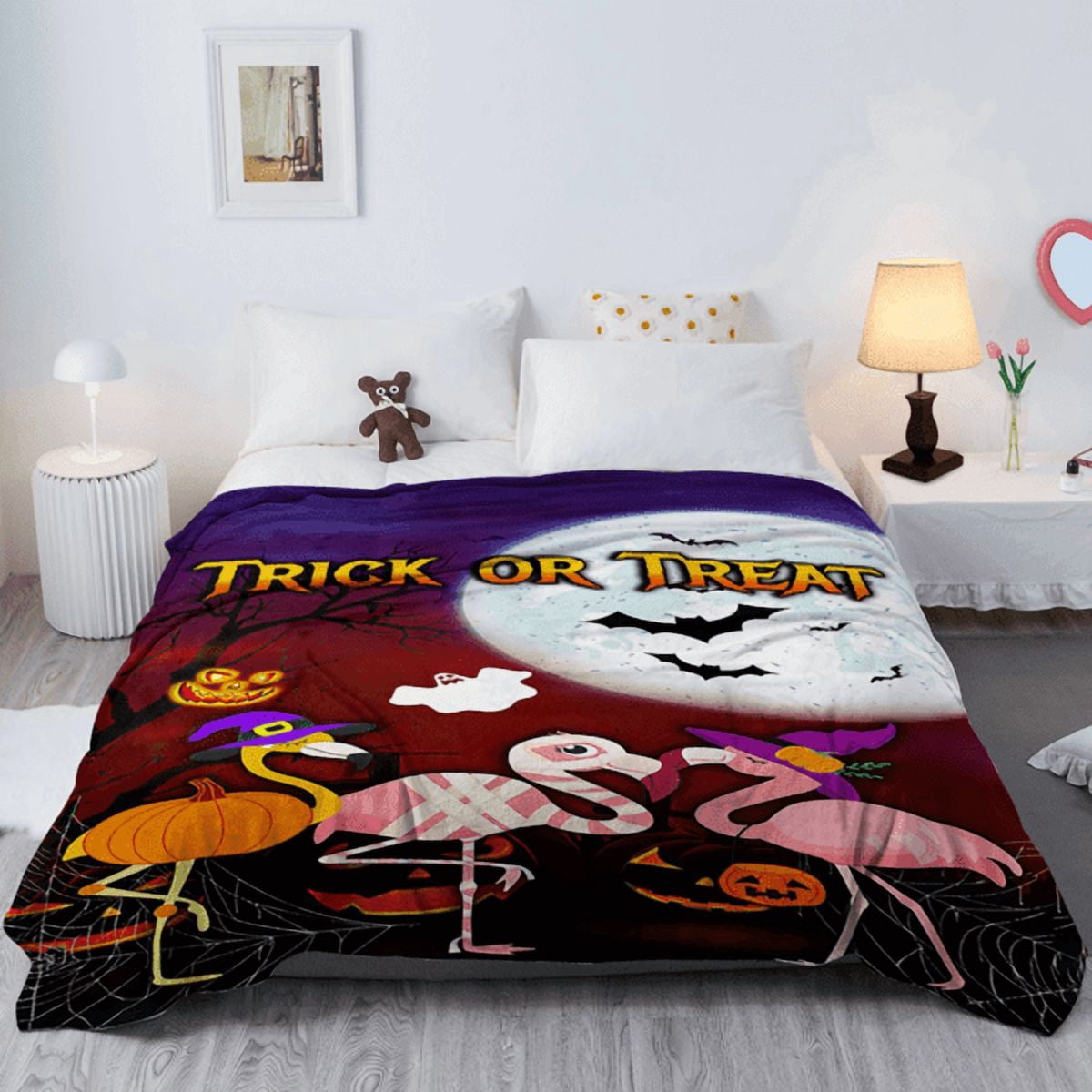 60x80IN Halloween Cartoon Flamingo Flannel Blanket Soft Lightweight for Sofa Office Bed Travel Gift