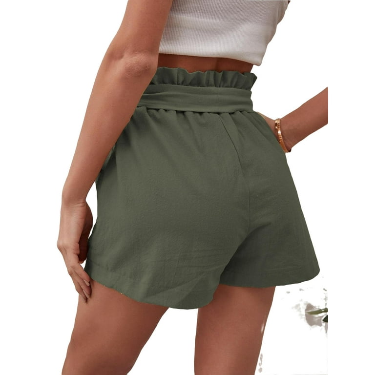 Women s Solid Paper Bag Waist Belted Shorts Army Green S 4