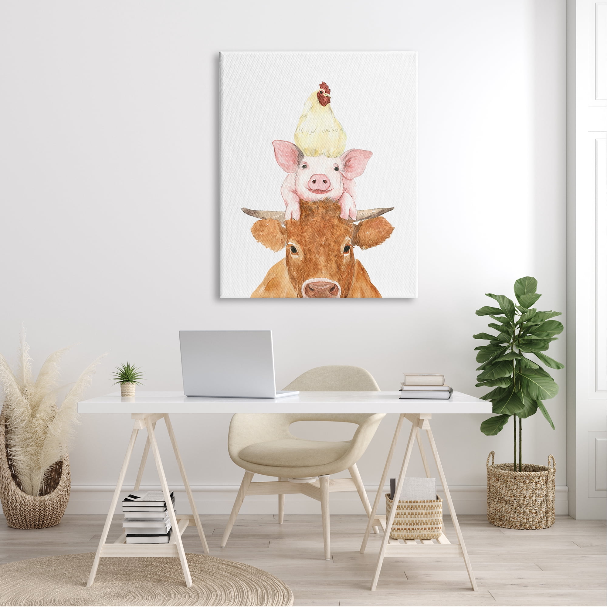 Stupell Industries Farm Animals Stacked Cute Illustration Cow Hen Pig Canvas Wall Art, 36 x 48, Design by White Ladder