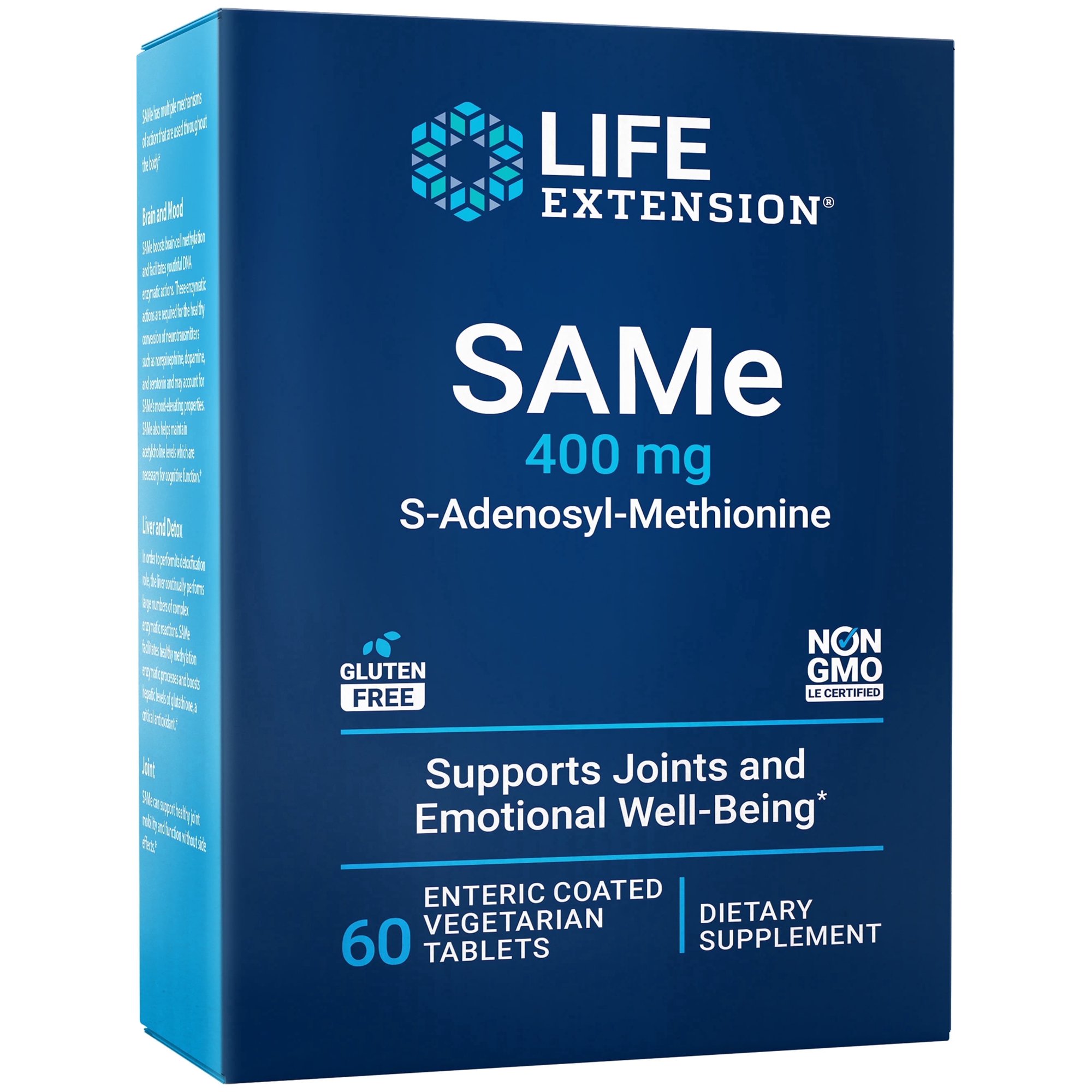 Life Extension SAMe, S-Adenosyl-Methionine, 400 mg, mood health, liver health and joint support supplement, non-GMO, vegetarian, gluten free, 60 enteric-coated tablets