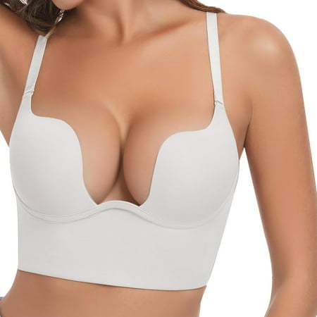 Fadeal Bras for Women Push Up U Neckline Backless Bra Deep V Padded Low Cut Bras for Support Ladies Bras White C