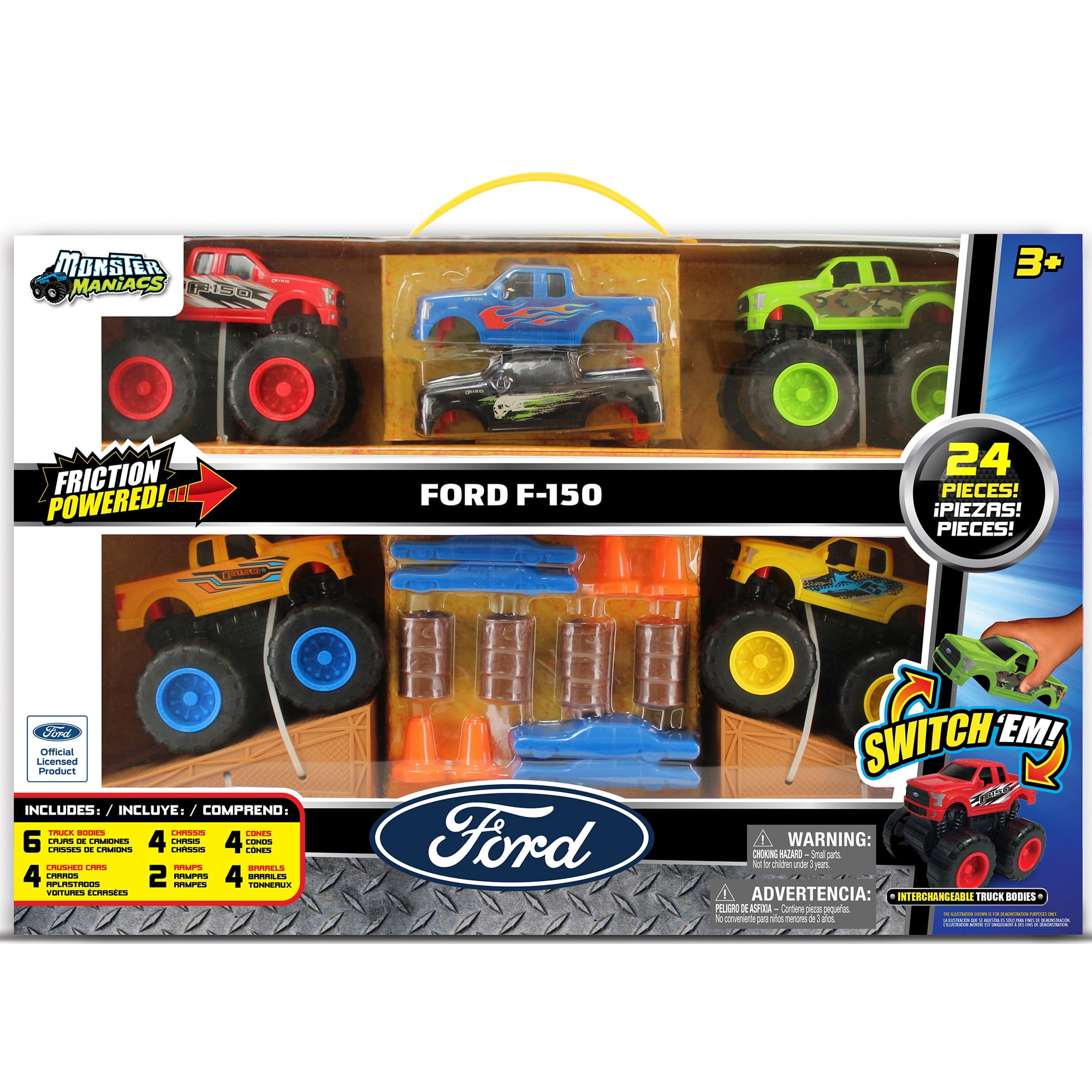 Monster Maniacs Ford Switch 'Ems 24 Piece Vehicle Gift Set, Friction Powered Vehicle Set with 4 Truck Chasis, 6 Truck Bodies Plus Accessories, Children Ages 3 Years and Up