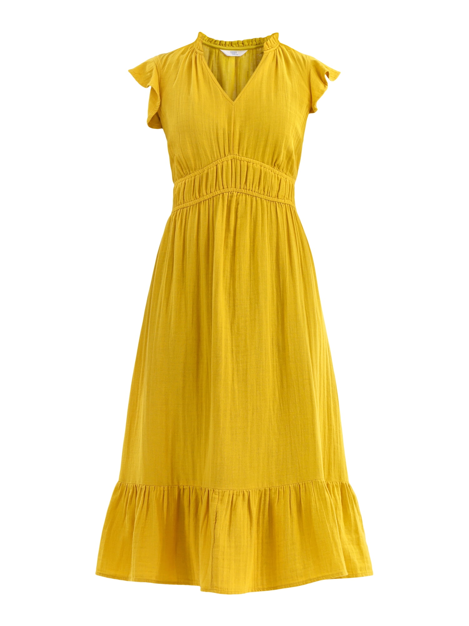 Time and Tru Women's Double Cloth Cotton Midi Dress with Flutter Sleeves, Sizes XS-XXXL