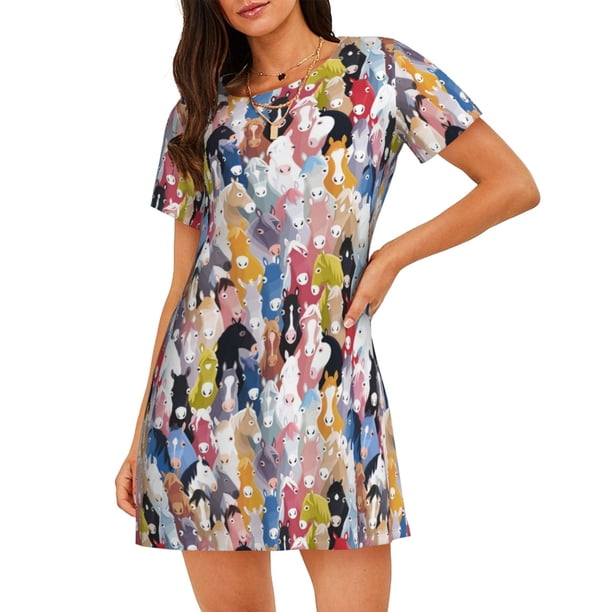 Easygdp Colourful Horses Camisón de manga corta para mujer, informal, estampado