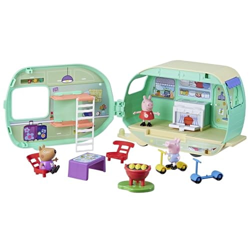 Peppa Pig Caravan Playset para niñas y niños, 3 figuras, 6 accesorios, juguetes preescolares, regalos para niños, a partir de 3 años