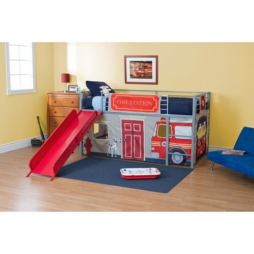 Boys Apos Fire Department Twin Metal Loft Bed With Slide Red Walmart Com Walmart Com