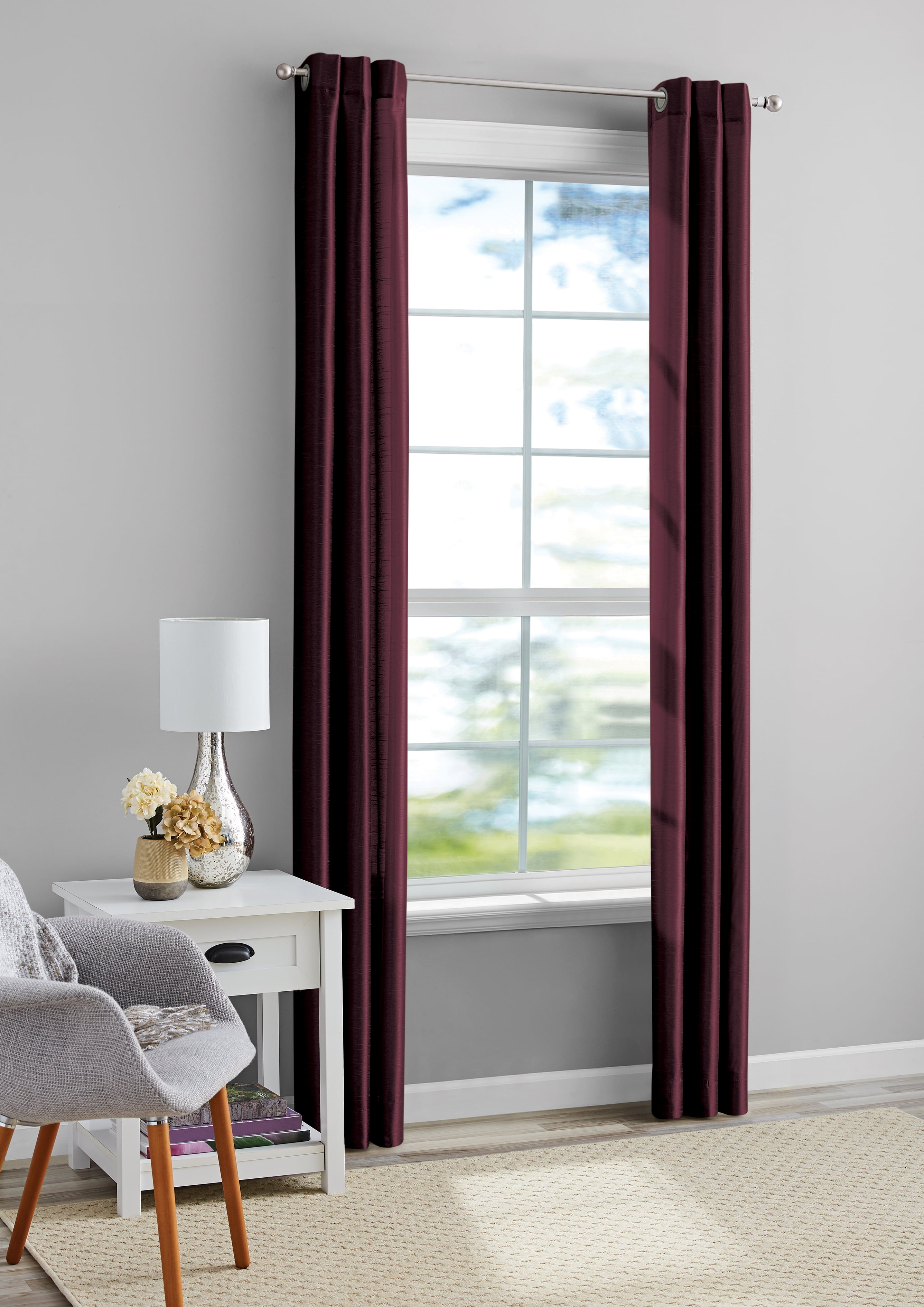 Mainstays Textured Faux Silk Light Filtering Grommet Curtain Panel, Set of 2, Burgundy, 37” W x 95” L