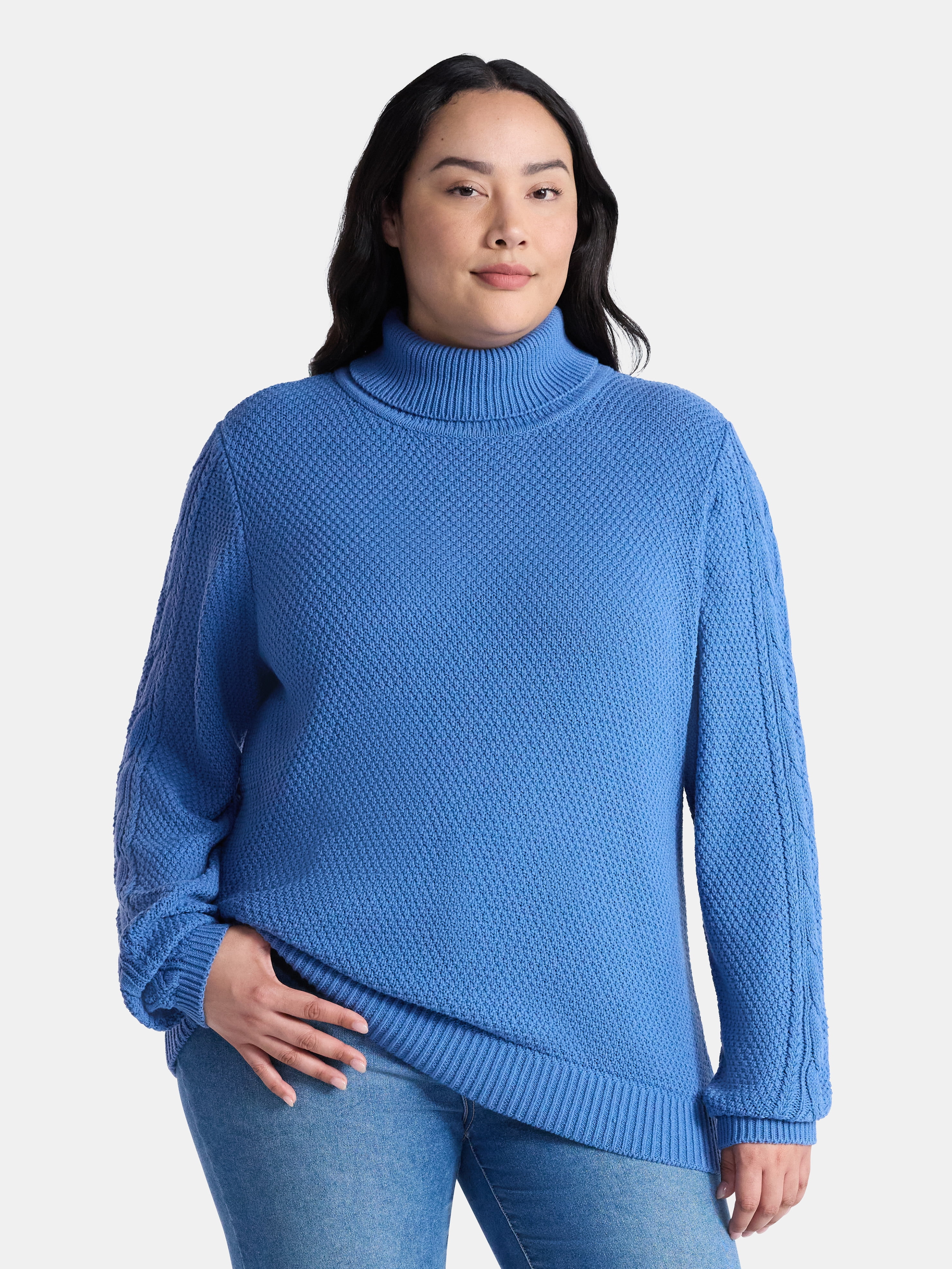 Time and Tru Women’s and Women’s Plus Turtleneck Sweater with Cable Sleeves, Midweight, Sizes XS-4X