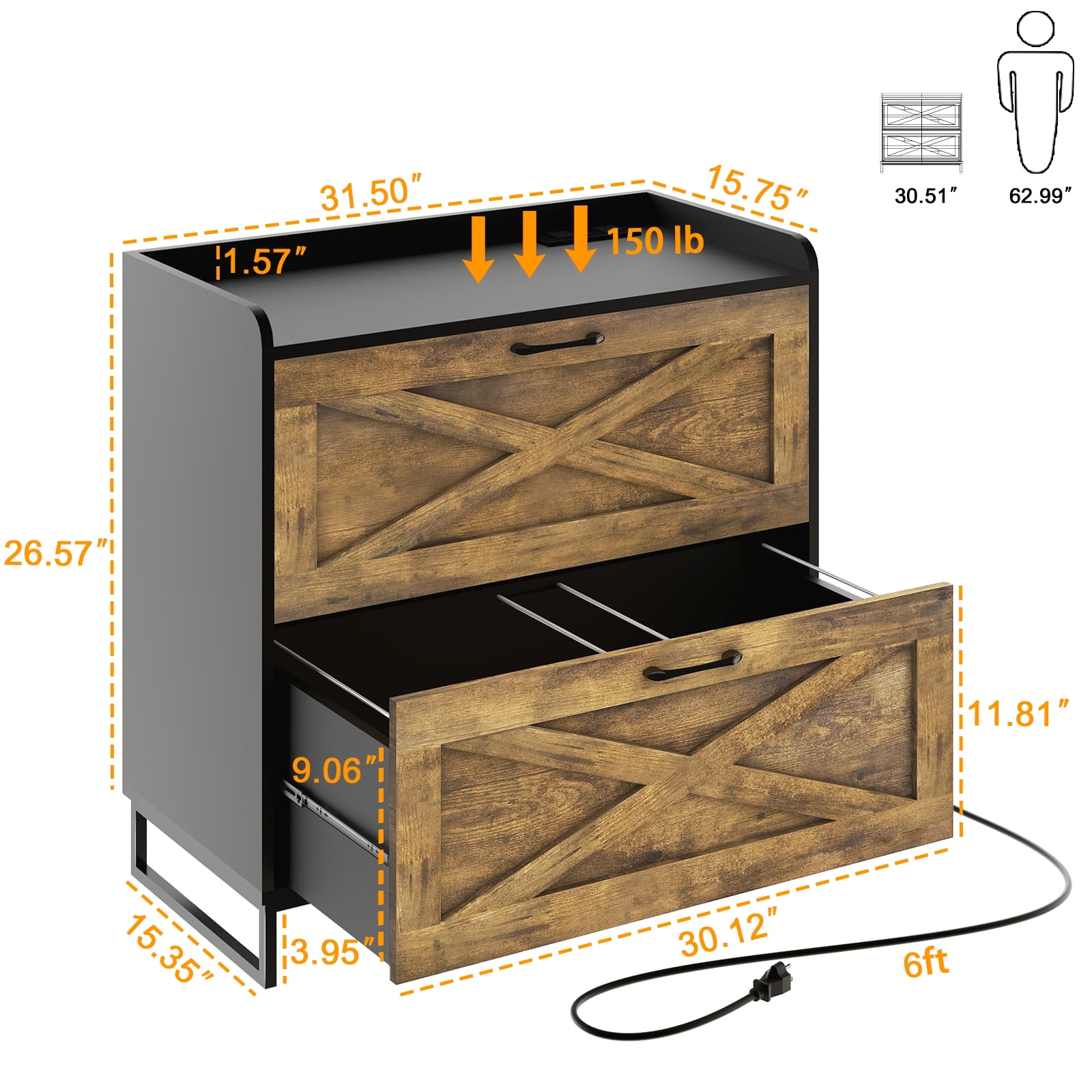 Vabches Lateral File Cabinet with Charging Station for Letter/Legal/A4 Size Hanging Files, Brown