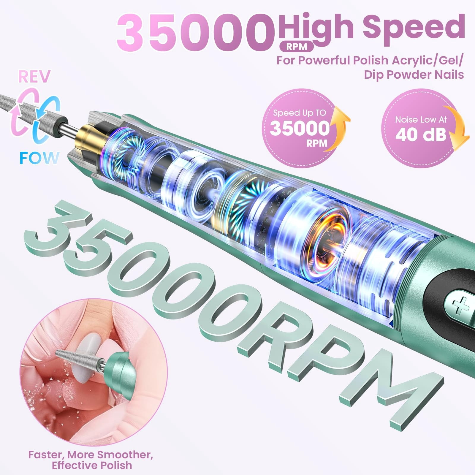 Cordless Nail Drill 35000RPM, LCD Display Low Noise Nail File Kit, Portable Manicure Pedicure Tool for Acrylic/Gel Nails, with 9 Drill Bits & Sanding Bands