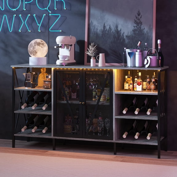 Industrial Wine Bar Cabinet with LED Light, 4-Tier Liquor Cabinet Sideboard Buffet with Wine Rack, Glass Holder & Mesh Door, Home Bar Furniture with for Kitchen, Living Room, Grey