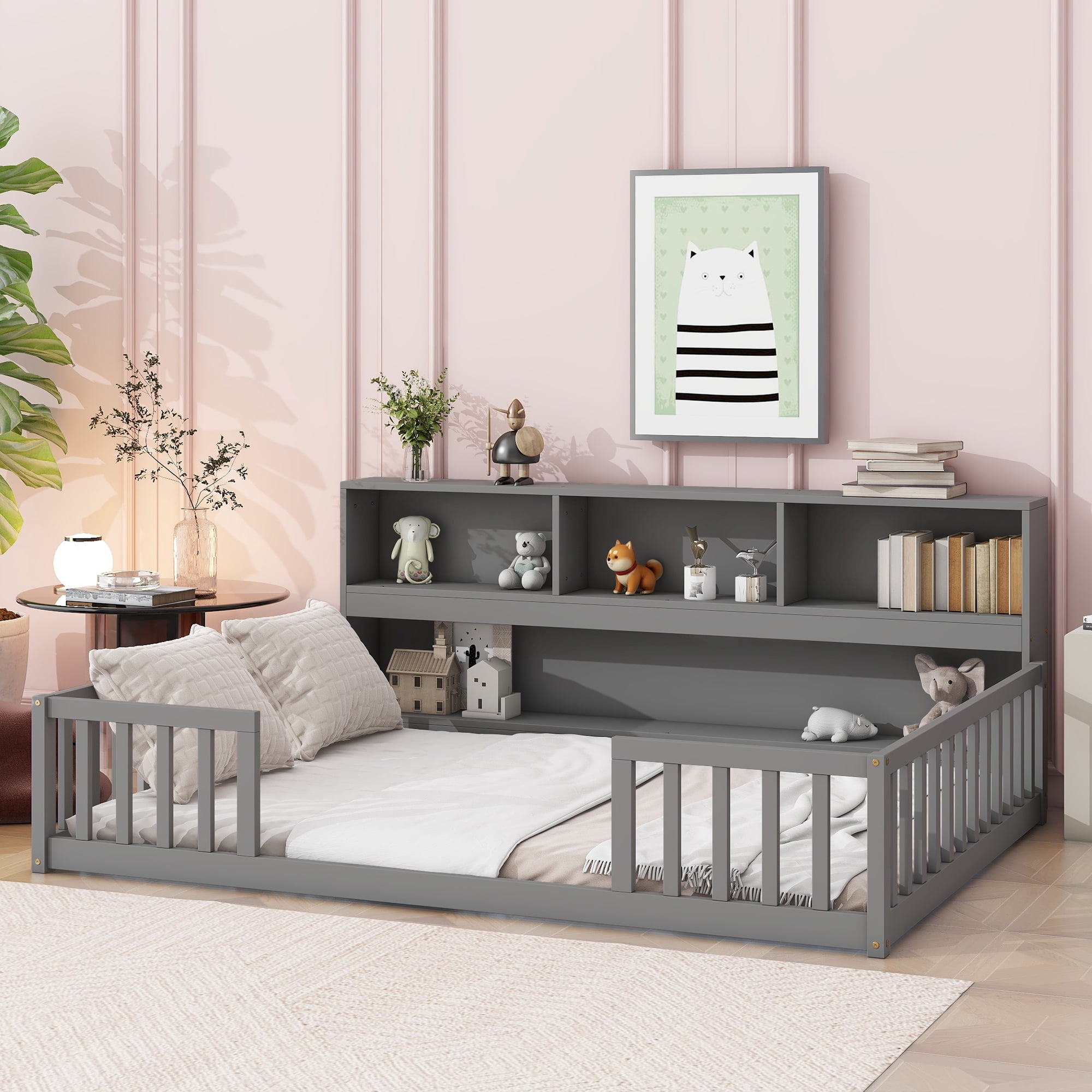 Leumius Full Floor Bed with Bedside Bookcase,Shelves,Guardrails for Boys Girls Grey