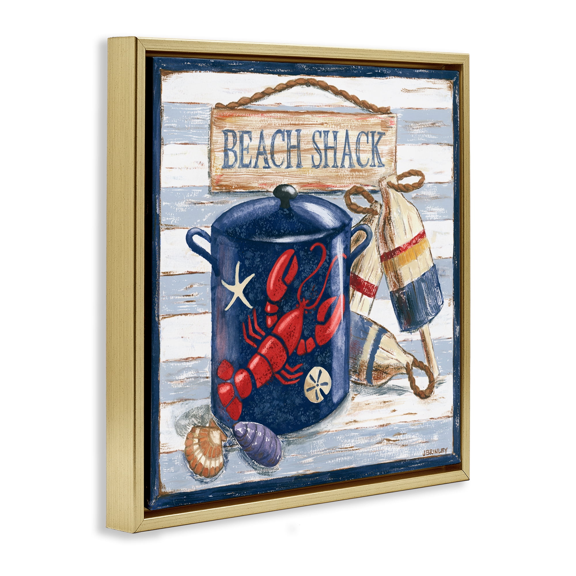 Stupell Industries Beach Shack on Stripes Nautical & Beach Painting Gold Floater Framed Canvas Art Print Wall Art, 25 x 25