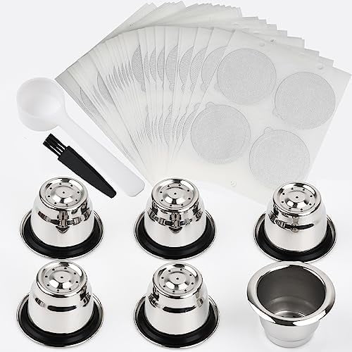 Reusable Capsules for Nespresso OriginalLine, 6pcs Refillable Espresso Pods Stainless Steel Coffee Pods Compatible for Nespresso Original Line Machines (6 Cups 200 Lids)