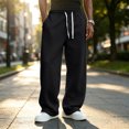 thumbnail image 4 of Men's Straight Leg Pants, Solid Color Drawstring Elastic Waist Loose Fit Fall Casual Trousers with Pockets Black 3XL, 4 of 5