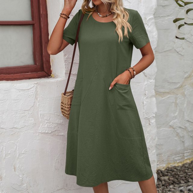 SMihono Robe d'Été Grande Taille pour Femmes 2023 à Manches Courtes, Couleur Unie, Coupe Ample, Robe T-shirt à Col Rond