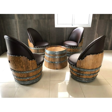 Wine Barrel Round Coffee Table Set with 4 Chairs - Rustic Whiskey Barrel Furniture Set - Handmade Solid Oak - Free Shipping