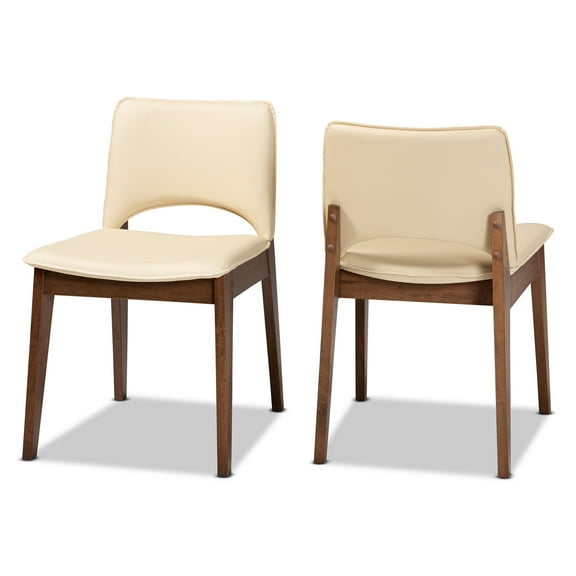 Homestock Rustic Recluse Mid-Century Modern Beige Faux Leather Upholstered And Walnut Brown Finished Wood 2-Piece Dining Chair Set.21.5"D X 18.7"W X 28.3"H