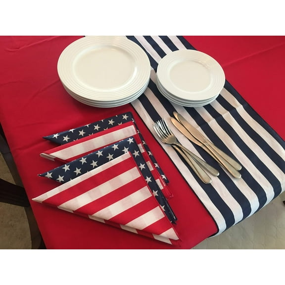 Table Set 4th of July Decor includes 1 Solid Red Tablecloth, a Set of Napkins (half red/white stripe and half navy blue star) and 1 Table Runner of your Choice
