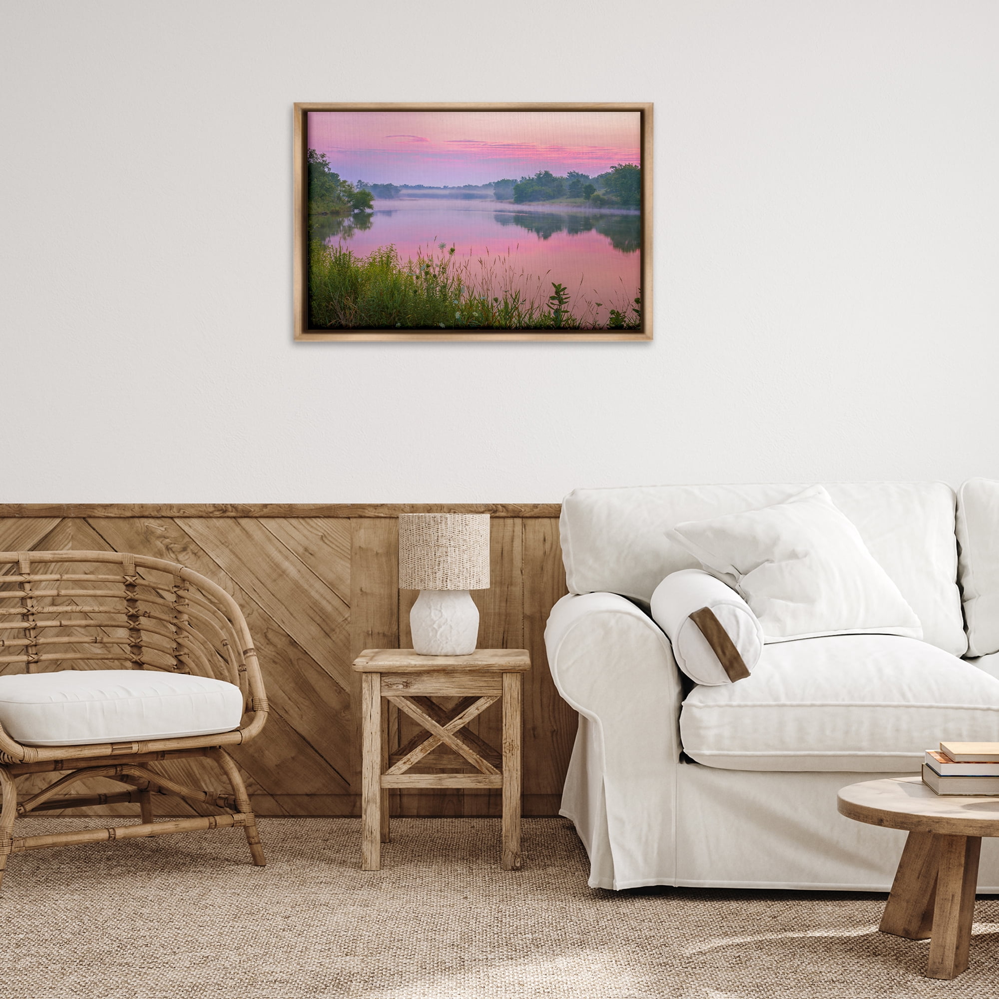 Stupell Industries Pink Dawn Sunrise Lake Landscape & Nature Photography Brown Floater Framed Canvas Art Print Wall Art, 31 x 21