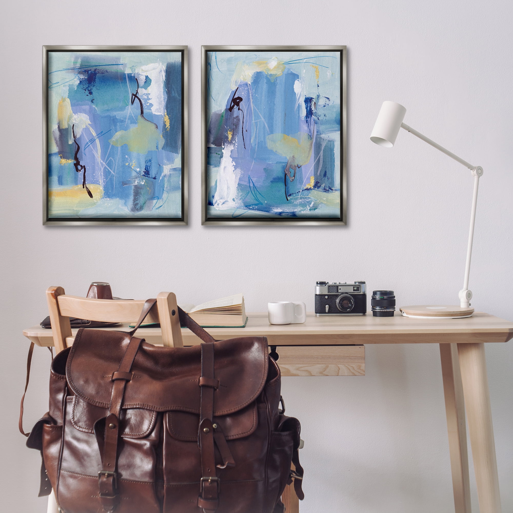 Stupell Industries Blue Abstract with Yellow Abstract Painting Gray Floater Framed Canvas Art Print Wall Art, 31 x 25, Set of 2