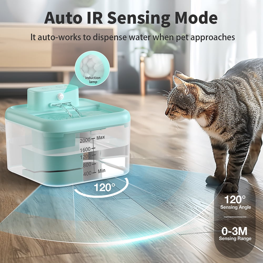 MASBRILL Wireless Cat Water Fountain 60oz/2L Automatic Water Dispenser For Pets Battery Operated Infrared Induction Cat Fountain,Ultra Quiet Pet Drinking Fountain BPA-Free,Blue