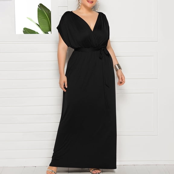 ChaoHeng Ladies Dresses on Summer Dresses for Women Women's Plus-size Solid Color V-Neck Loose Dress Short Sleeve Round Neck Ankle-length Dress