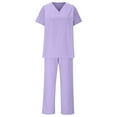 thumbnail image 5 of Ecqkame Two Piece Sets for Women Summer Cool Stretch Solid Color V-Neck Pocket Top and Straight-Leg Pant Set Purple S, 5 of 7