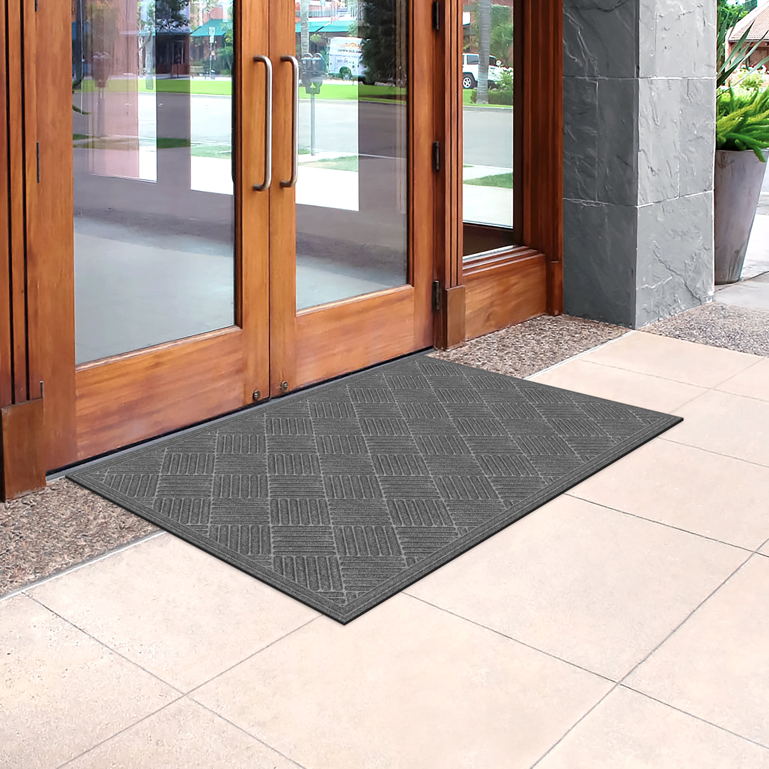Mainstays Textures Crosshatch Polyester and Rubber Backed Doormat, 3' x 4', Smoke